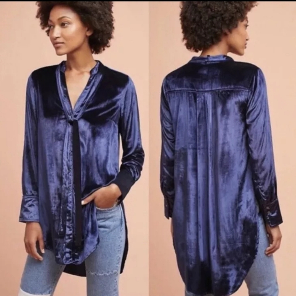 Anthropologie Maeve Blue Velvet Tie-Neck Button-down Tunic Sz 6